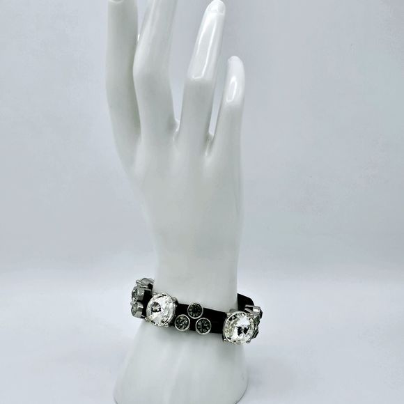 Guang Tong Crystal Stud Wrap Bracelet Cuff Glass Rhinestone Black Leather - Picture 2 of 9